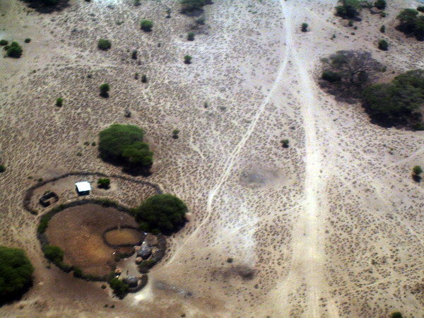 Ein Masai-Dorf aus der Luft: typisch die Silhouette der Dorn-Befestigungs-Ringe, die Dorf sowie Kühe und Ziegen in der Nacht vor den gefährlichen Raubtieren schützen.