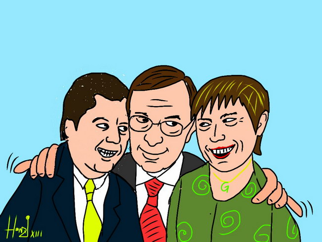 Mayr, Haslauer, Rössler. Finden sie zusammen? Cartoon by Michael Honzak