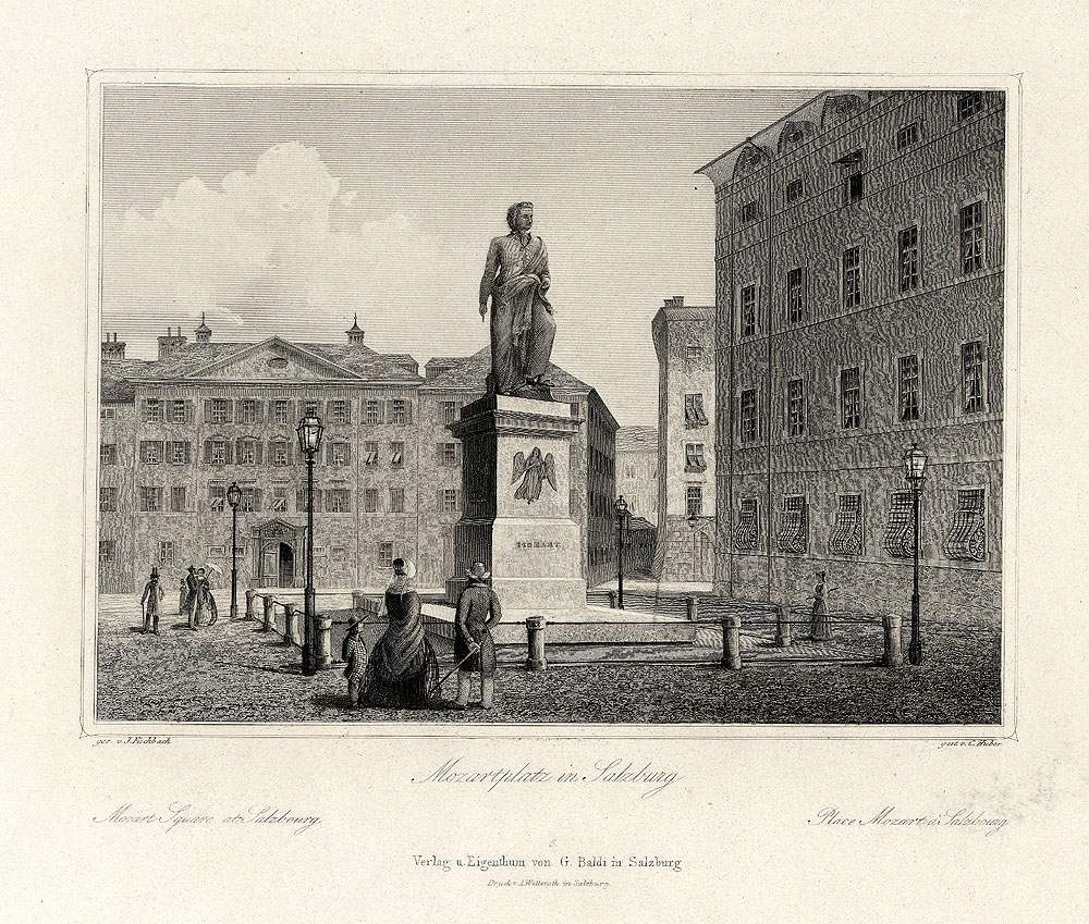 Mozartdenkmal 1852 von Johann Fischbach, Stahlstich (© Commons Wikimedia)