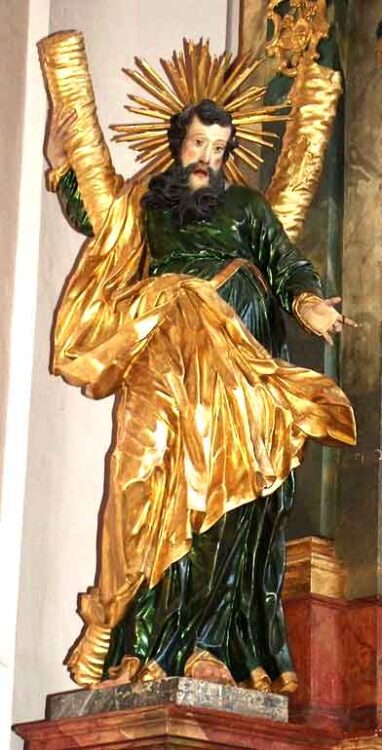 Der Hl. Andreas als Konsolfigur am Hochaltar der Pfarrkirche Annaberg,