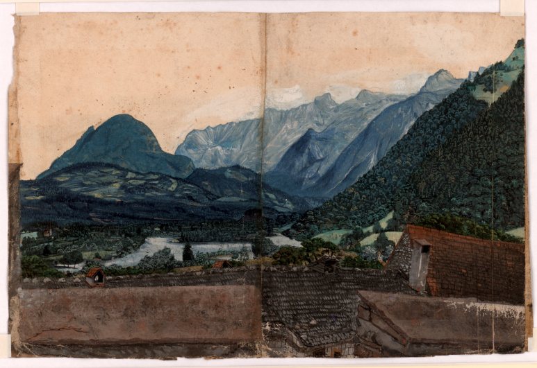 „Blick von Hallein zum Tennengebirge“, Albrecht Altdorfer, 1520, Zeichnung mit Aquarell- und Deckfarben (© Staatliche Graphische Sammlung München)